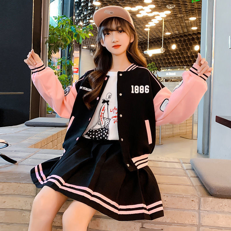 Girls' Baseball Suit suit Autumn New Style Middle and Large Children's Internet Popular Korean Style Children's Jacket Spring and Autumn Pleated Skirt Two-piece Set