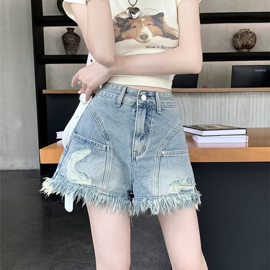 American Style Retro Fringe Tassel Wide Leg Denim Shorts Women's Summer New High Waist Loose Slim-fit A- shaped Hot Pants Trendy