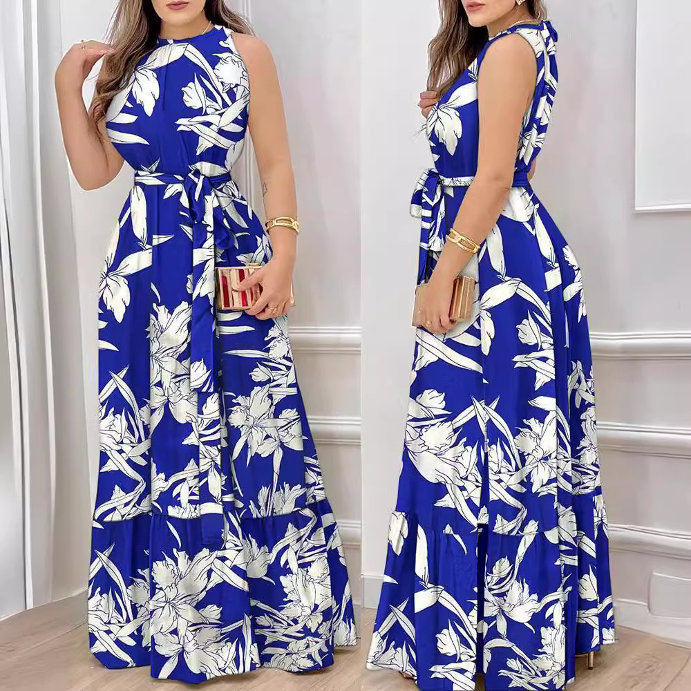2023 independent station wish Amazon new summer fashion printed crew neck lace long dress women