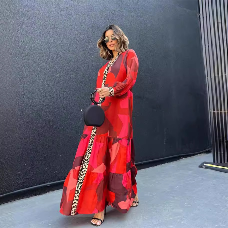 Europe and the United States big dress red stitching printing original bag buckle dress export Amazon international fashion women's dress