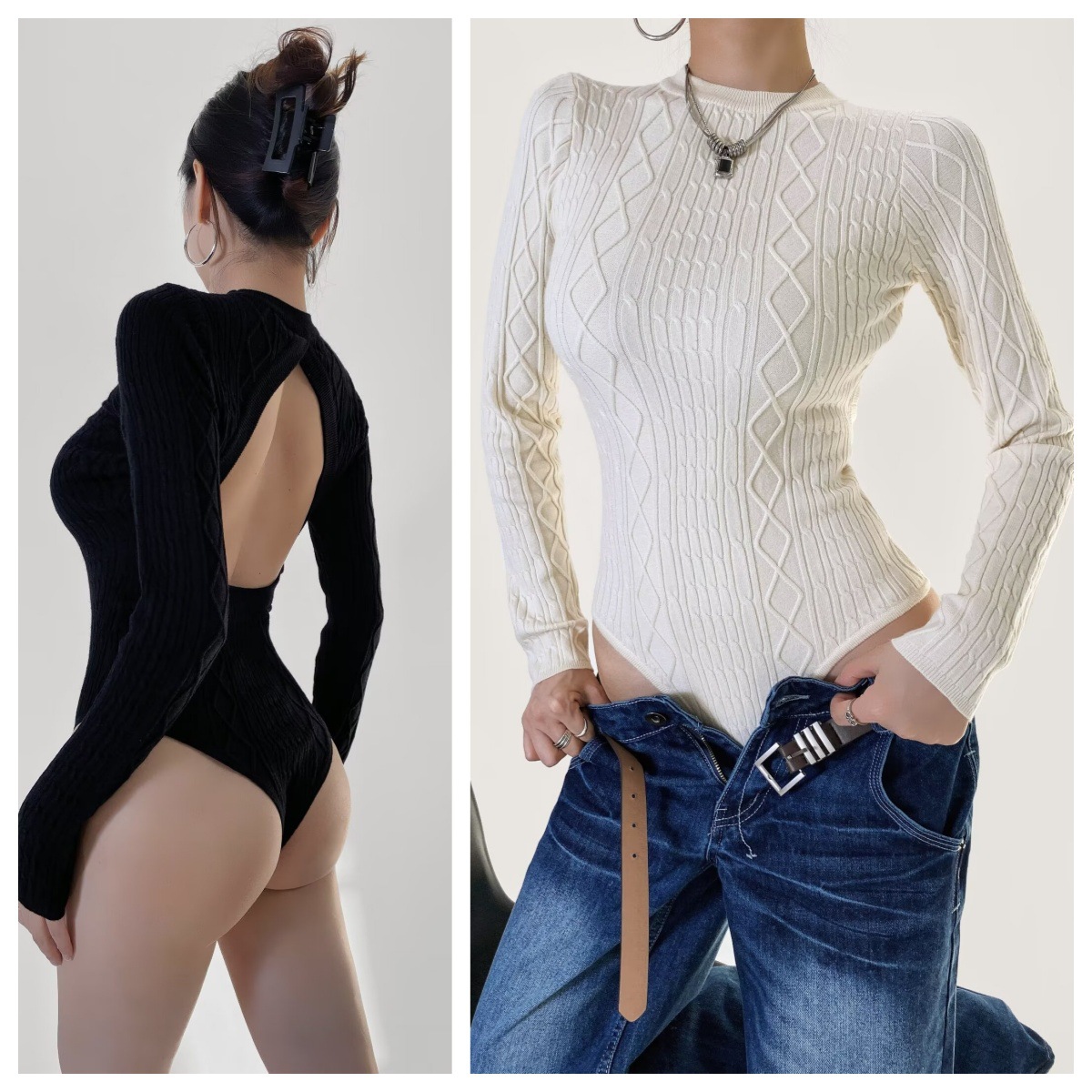 Picture of European and American Style Sexy Backless Knitted Jumpsuit Women's New Round Neck Slim-Fit Slimming Stretch Sweater
