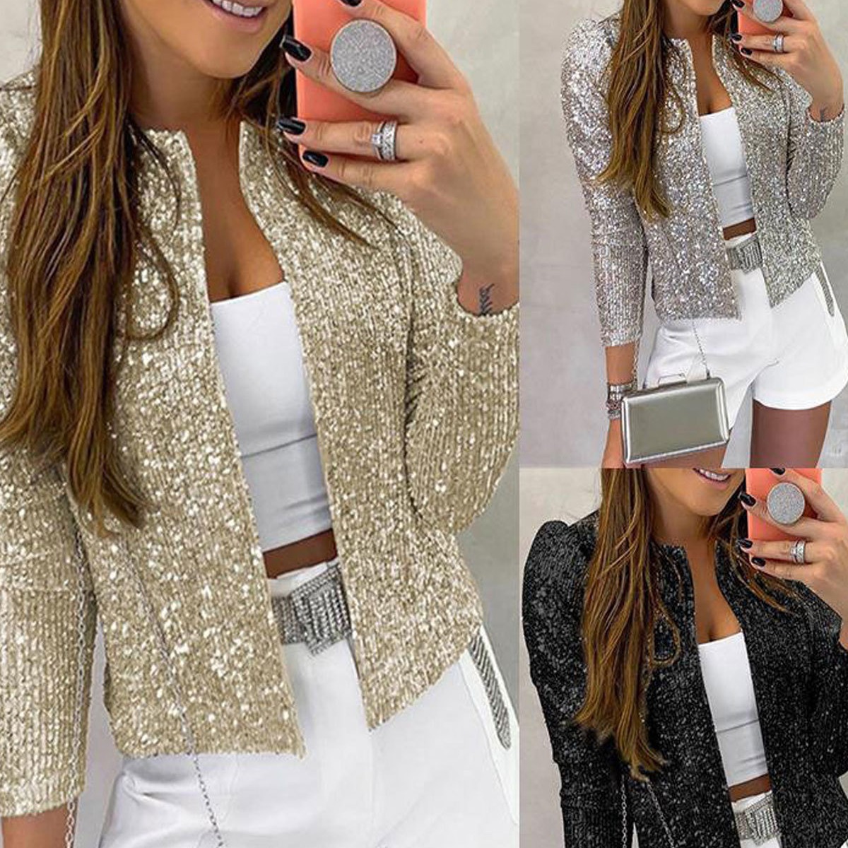 Cross-Border Spring New European and American Clothing Fashion Stand-Up Collar Sequined Lining Jacket Short Casual Versatile Small Jacket