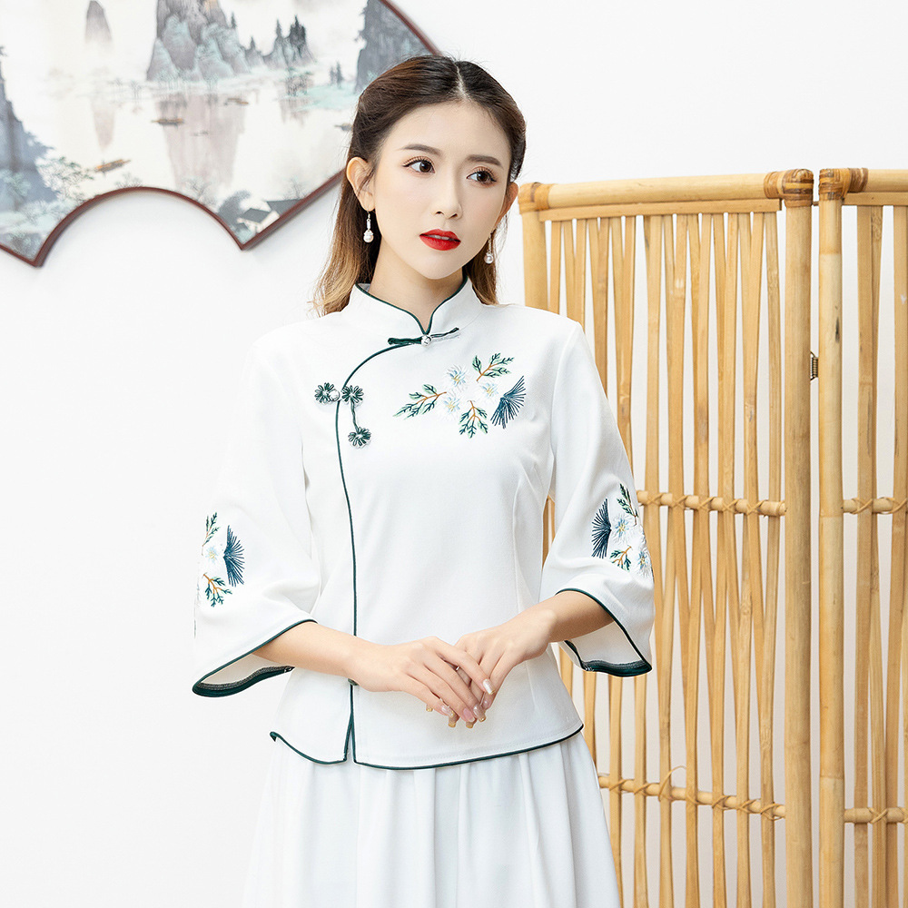 Picture of Strict Selection of Retro National Style Daily Improved Tang Suit Cheongsam Cotton and Linen Embroidered Top Chinese Style Seven-point Sleeve Tea Dress Skirt