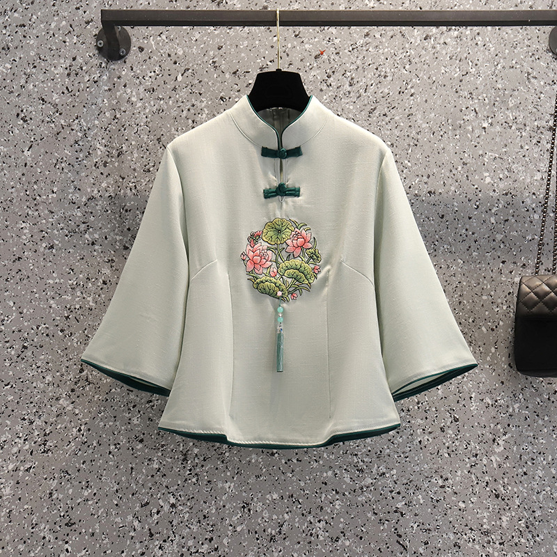 Picture of Republic of China Style Tang Suit Women's Clothing Improved Cheongsam Ear-picking Clothing Zen Style Young Tea Artist's Top Middle Sleeve suit Women
