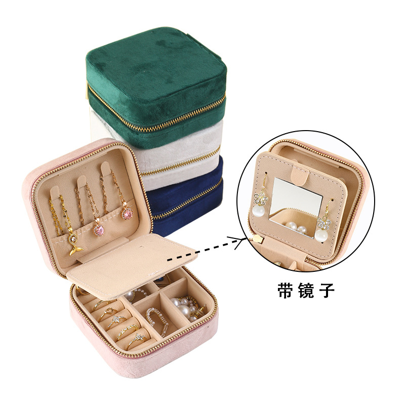 Cross-border New Jewelry Storage Box with Mirror Ring Earrings Necklace Flannel Jewelry Box Portable Jewelry Box