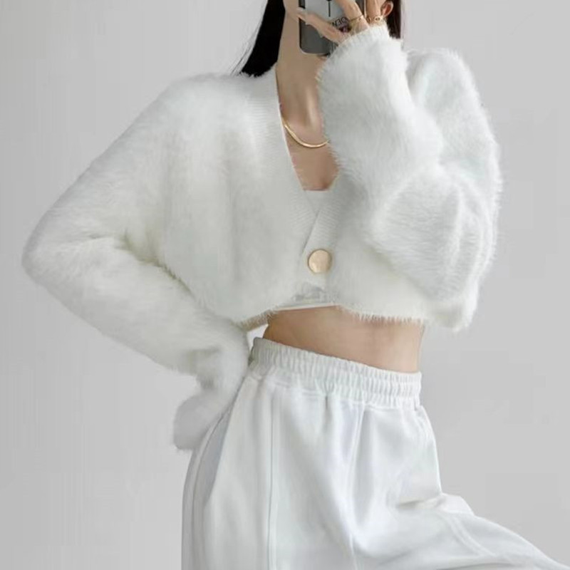 South Korea Solid Color Imitation Mink Fleece One Button Short Furry Coat Women's 2023 Autumn Loose Western-style All-match Sweater