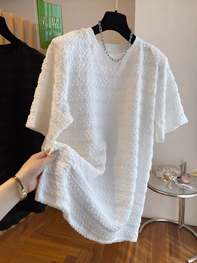 European Goods 2025 New Korean Design Niche Seersucker T-Shirt Women's Short-Sleeved Loose Casual Mid-Length Top