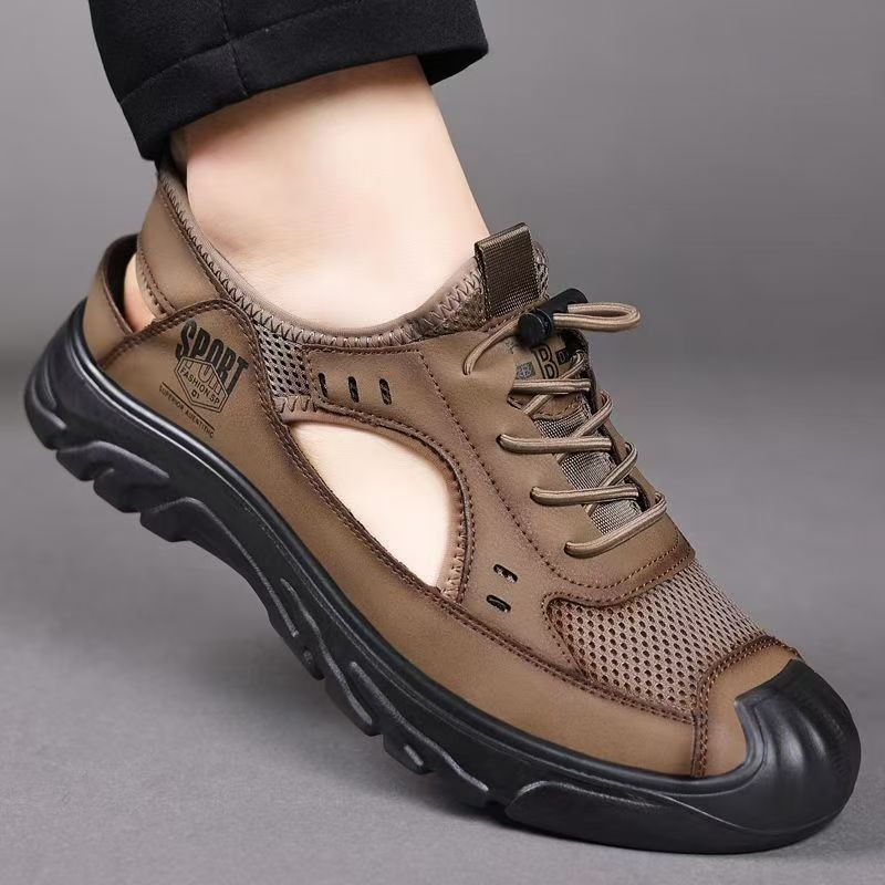 Sandals Summer Breathable Hollow Lace-up Men's Hole Shoes Slip-on Fashionable All-match Outdoor Casual Shoes Driving Shoes