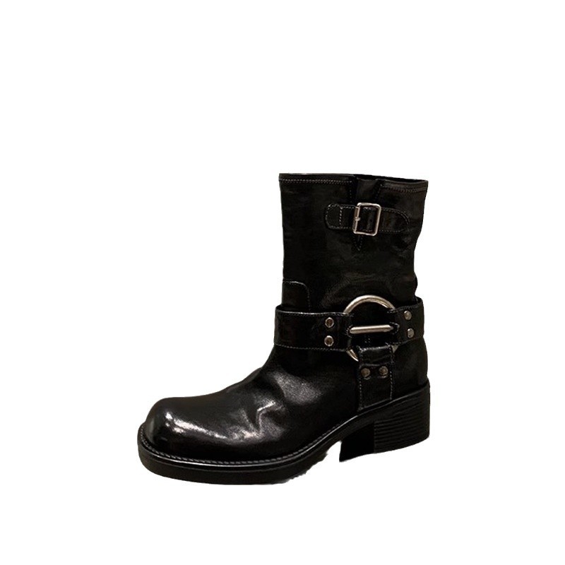 Picture of Grape Mom Punk Sweetheart ~ Metal Buckle Round Toe Retro Genuine Leather Motorcycle Thick Heel Western Short Boots 2025 New Style