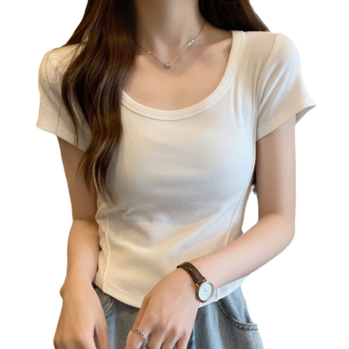 Picture of Irregular U-neck Short-sleeved T-shirt Women's 2025 Summer New Korean Style Slim-fit High Waist Short Student Solid Color Trendy Top