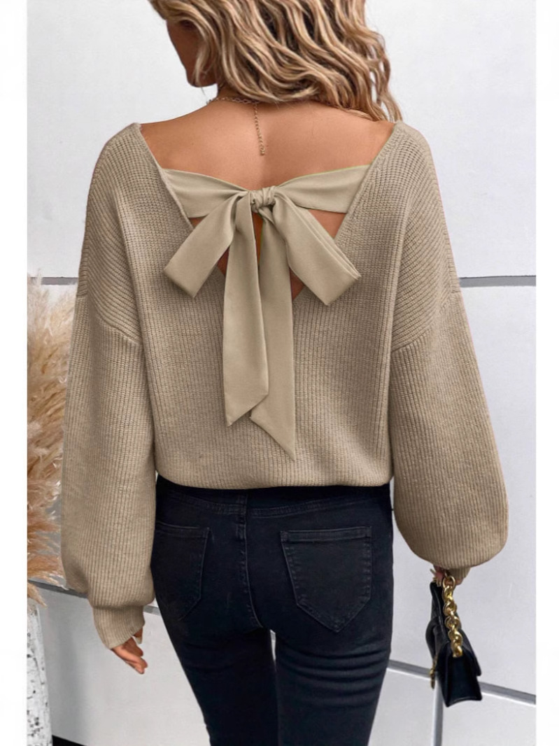 Picture of European and American cross-border women's V-neck solid color sweater, autumn foreign trade new long-sleeve casual loose bow top for women