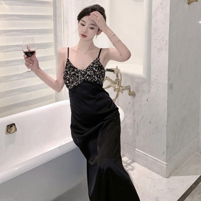 French design high-grade black sexy sequined collar sling dress high waist slimming mid-length dress