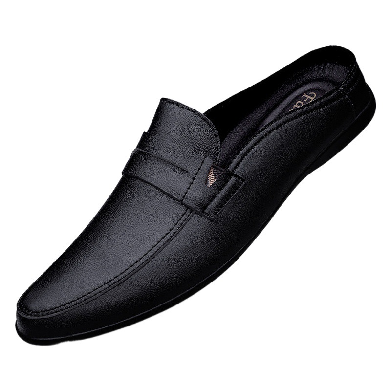 Summer New Men's Shoes Casual Leather Shoes Men's Cowhide Men's Bean Shoes Fashionable British Casual Beach Shoes Half Slippers