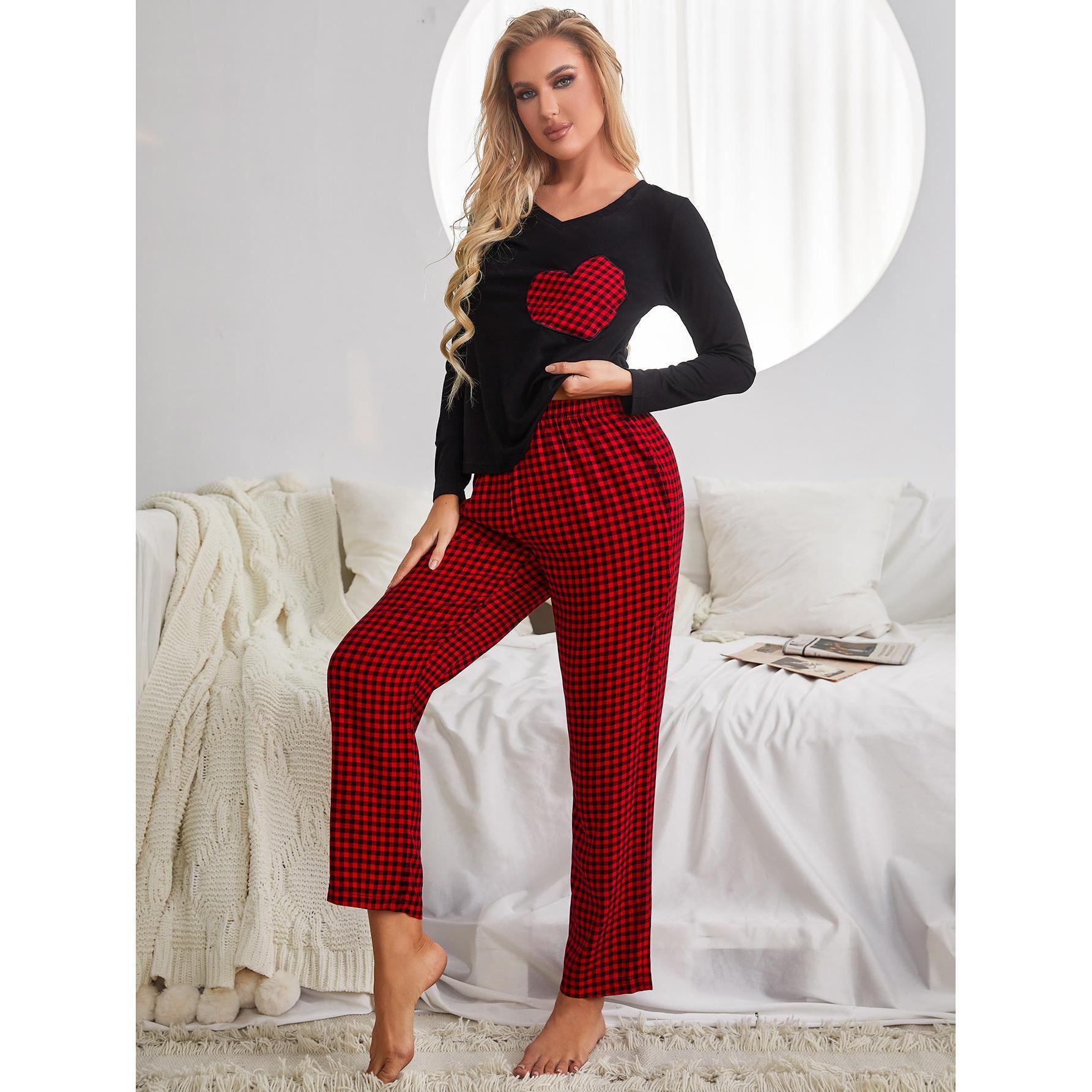 Picture of Amazon European and American Home Clothes suit Autumn and Winter Heart-shaped Long Sleeve Plaid Pajamas Women Can Wear Cross-border Independent Station