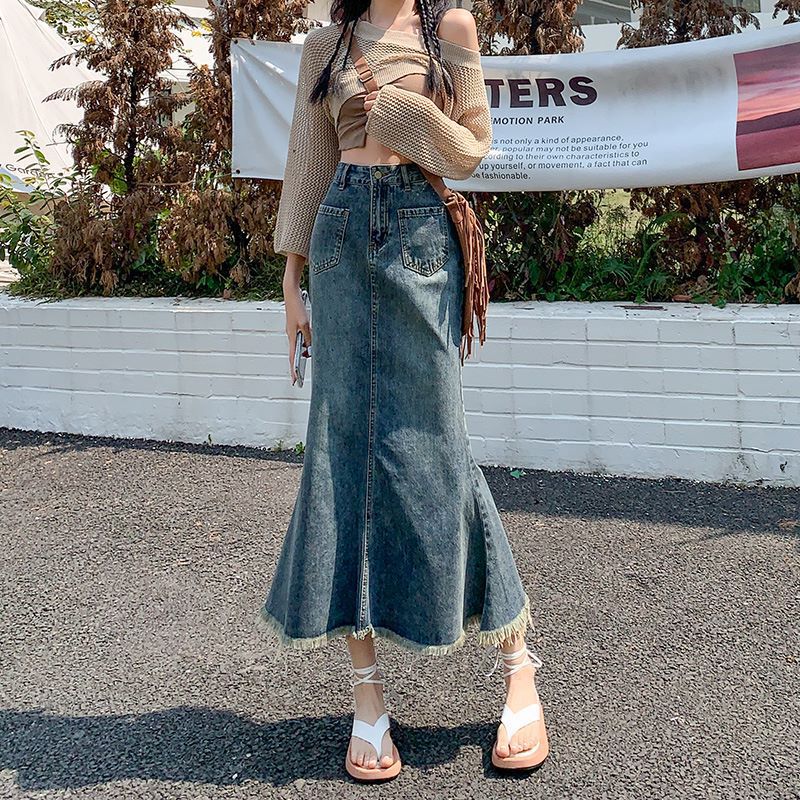 Women's Short-length Retro A- line Slimming Casual High Waist Hip Skirt with Denim Skirt