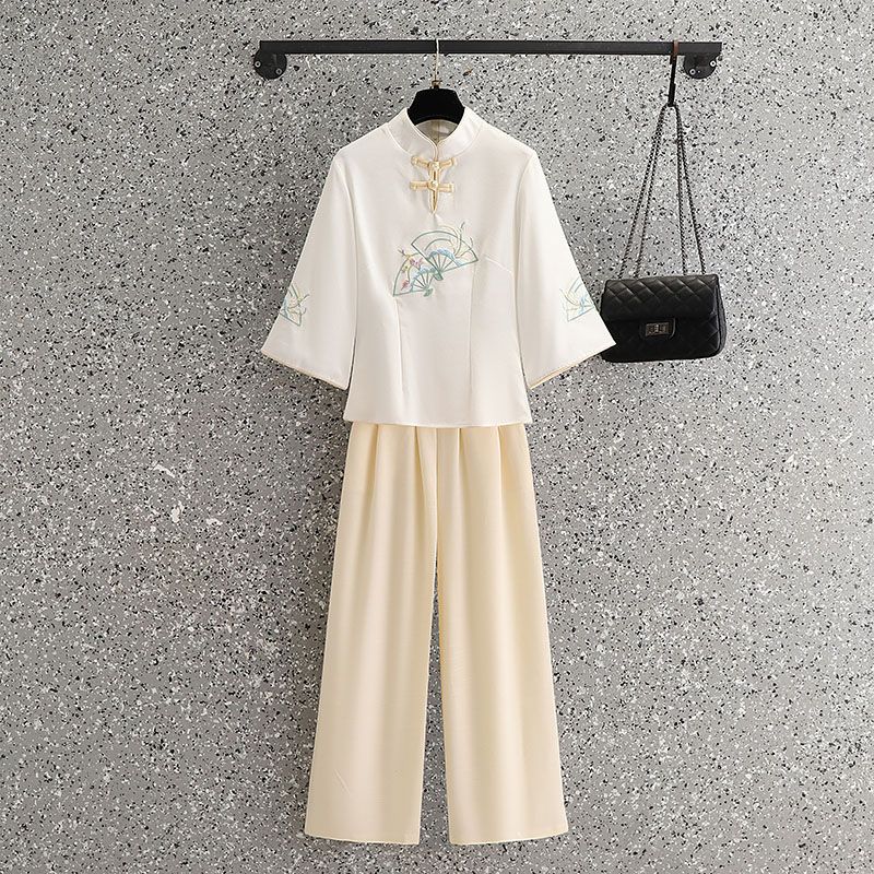 Picture of Republic of China Style Vertical Collar plus size Slimming Tang Suit Chinese Embroidery Retro Elegant suit Wide Leg Pants Two-Piece Set for Summer