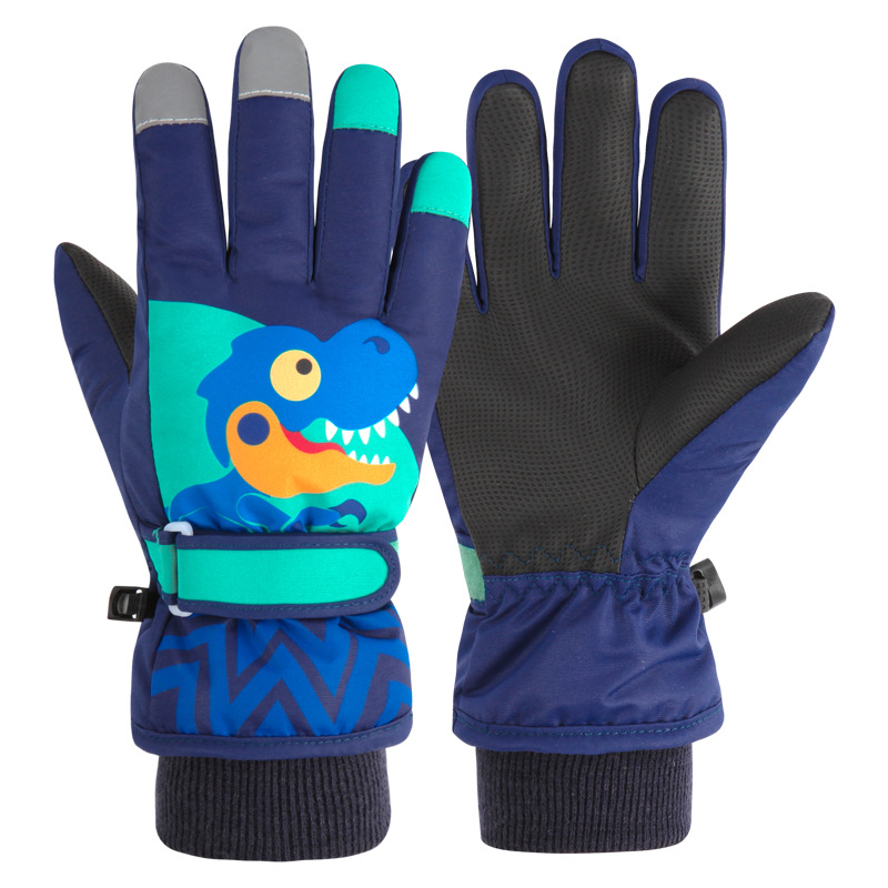 Children's Winter Ski Gloves Windproof and Warm Velvet Thickened Non-Slip Waterproof Small Dinosaur Gloves for Riding