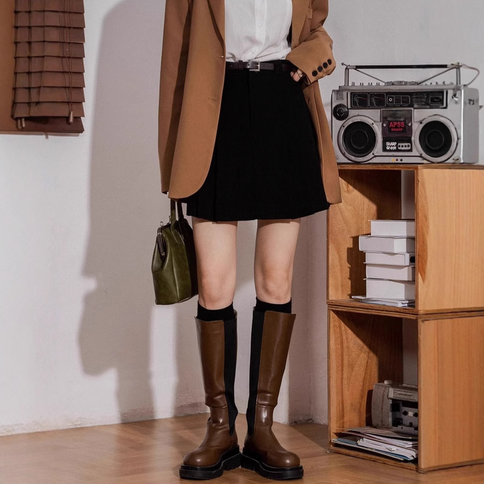 Black Corduroy Pleated Skirt Skirt Women's Autumn and Winter High Waist Skirt 2024 New A- Line Skirt Hip Skirt