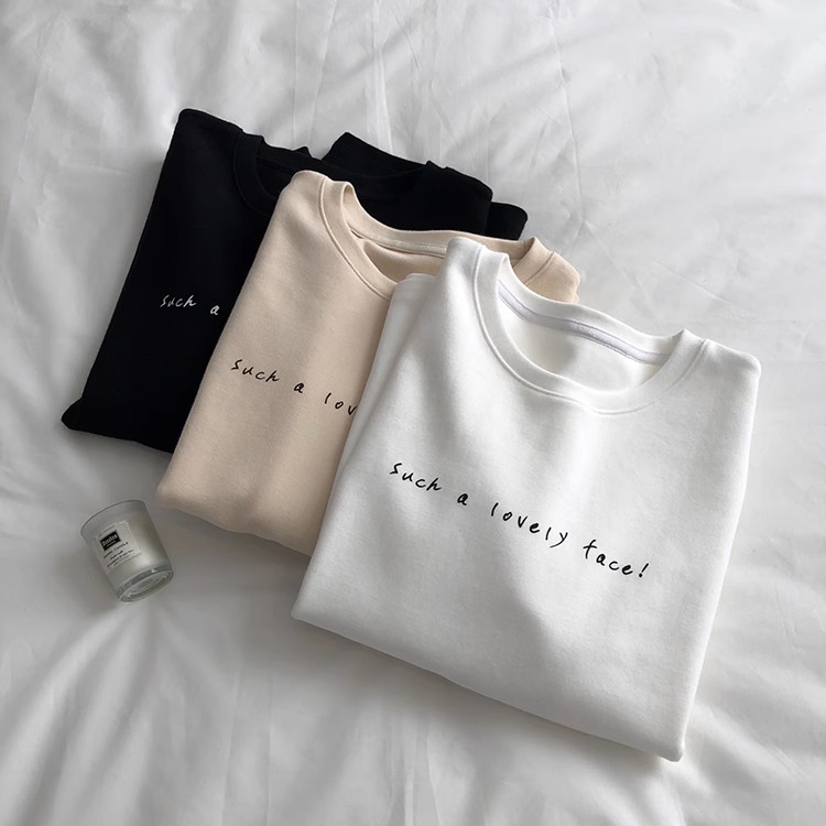 Simple small letters! Double-sided Velvet Thickened Autumn and Winter Long-sleeved T-shirt Women's Loose Slimming Printed Round Neck Base Shirt