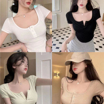 Irregular T-shirt Women's Clothing ins Trendy Summer Pure Desire Black Hot Girl u-collar Leaky Collarbone Tight Sexy Short-sleeved Top