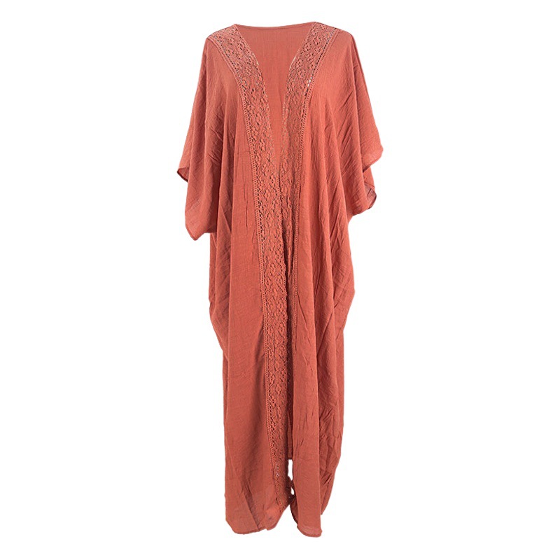 New European and American Rusty Red Lace Cardigan Loose Large Size Beach Sun Protection Jacket Bikini Blouse Swimwear Women