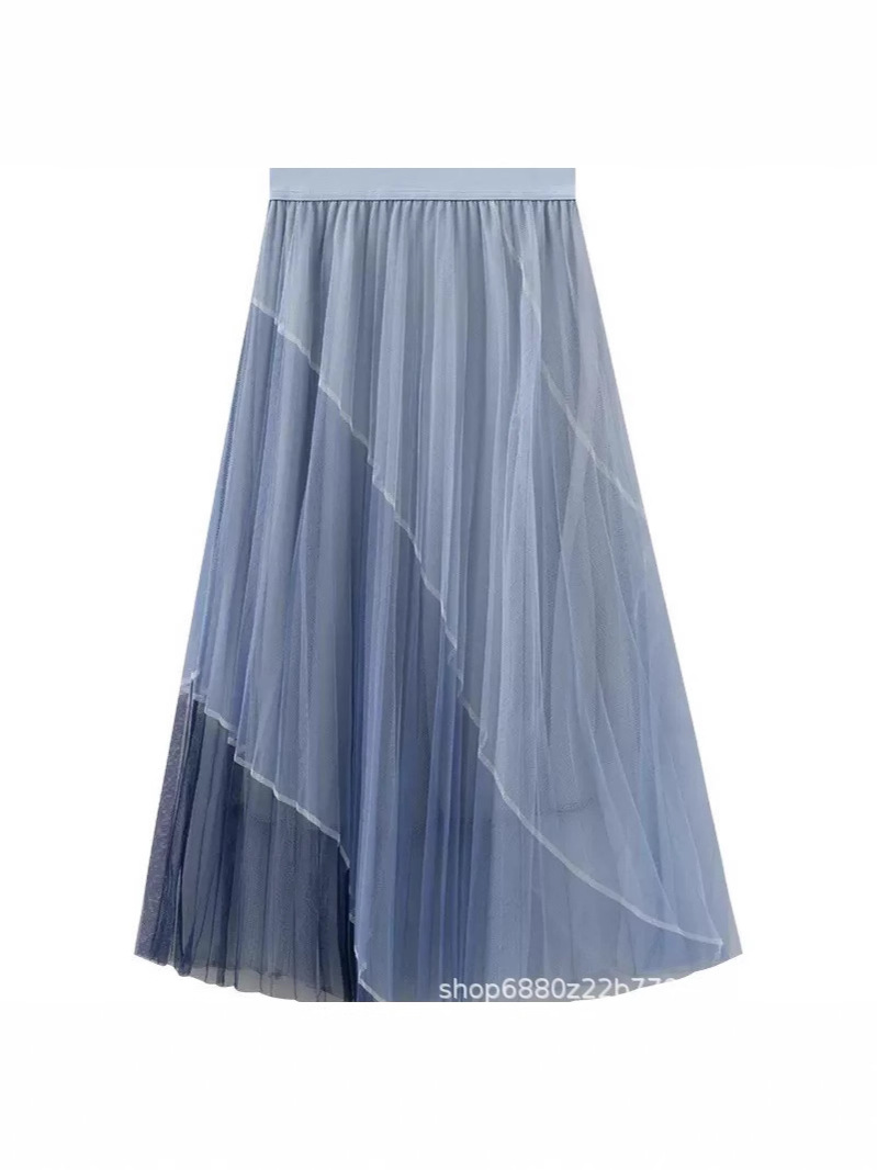 2025 New Summer Style Elastic Waist Slimming Look Draped Contrasting Color Stitching A-Line Mid-Length Pleated Skirt