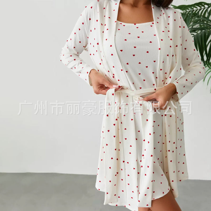 Cross-Border European and American Spring & Fall Nightgown Two-Piece Set Casual Heart Printed Long-Sleeved Home Wear Pajamas That Can Be Worn Outside