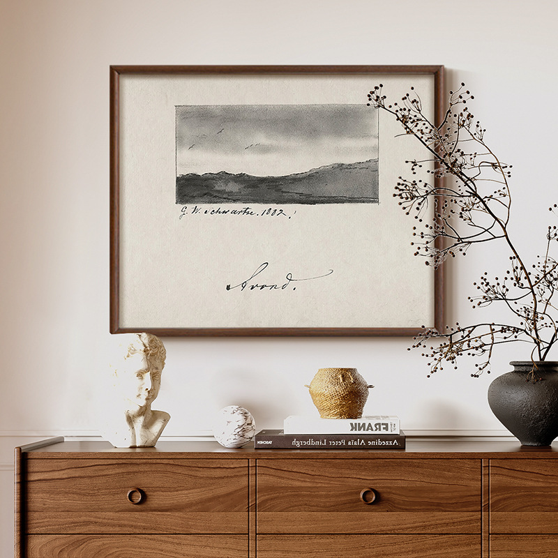 Sketch Far Mountain French Retro Black and White Landscape Decoration Paintings Restaurant Antique American Entrance Art Hanging Painting