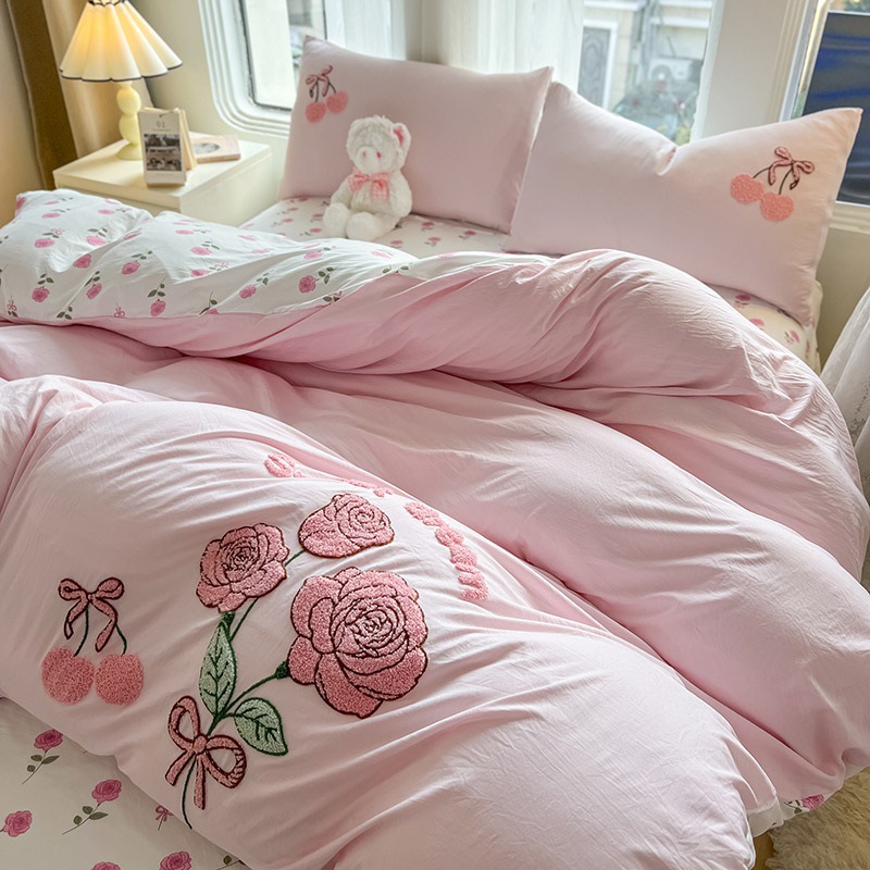 2025 New Cartoon Towel Embroidered Printed Washed Cotton Four-Piece Set 1.5 Bed Bed Sheets Four-Piece Set-Quilt Cover 150*200