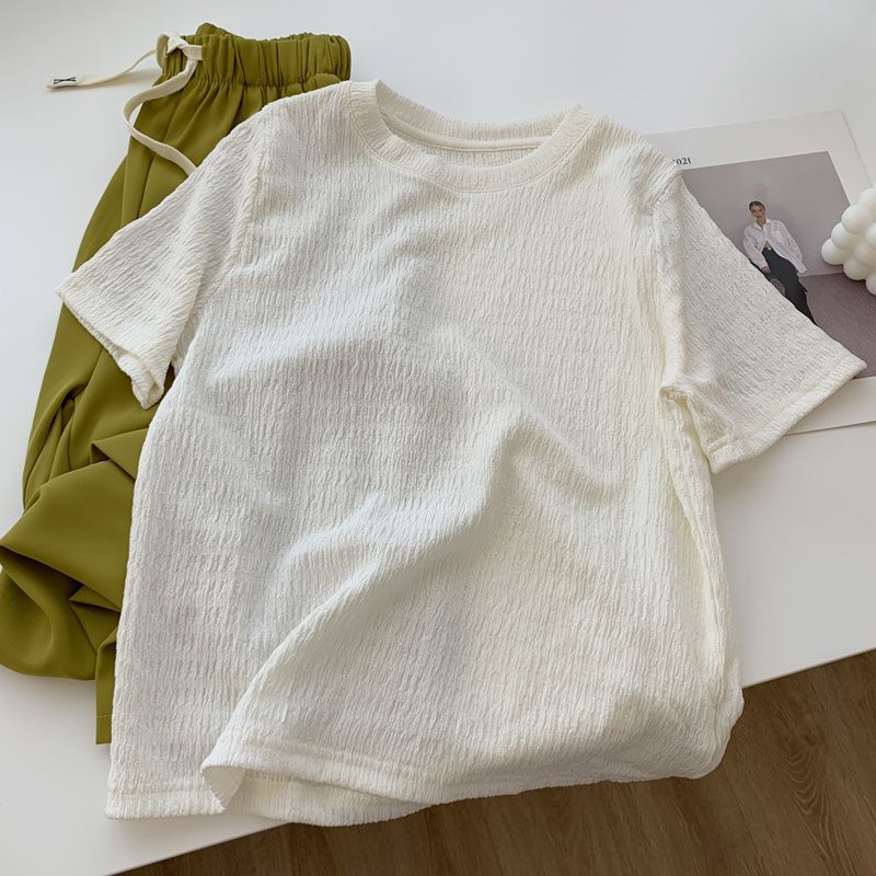 Picture of Ins Super Fire Texture Short-sleeved T-shirt Women's Summer Loose Slimming All-match Sweet and Vassal Style Solid Color Half-sleeved Clothes Trendy