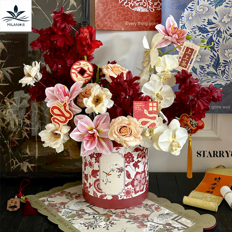 2025 Year of the Snake Bronzing Round Hug Bucket New Year Bucket Gift Box Chinese Style New Year Flower Flower Bucket Flower Box Gift