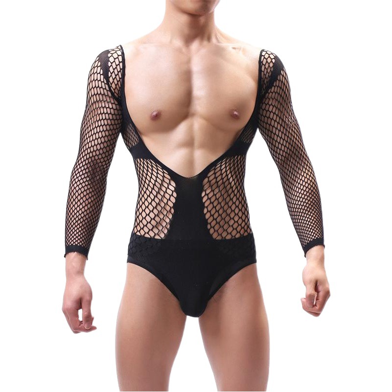 European and American men's one-piece netting men's big V-neck open netting dance long sleeve netting top