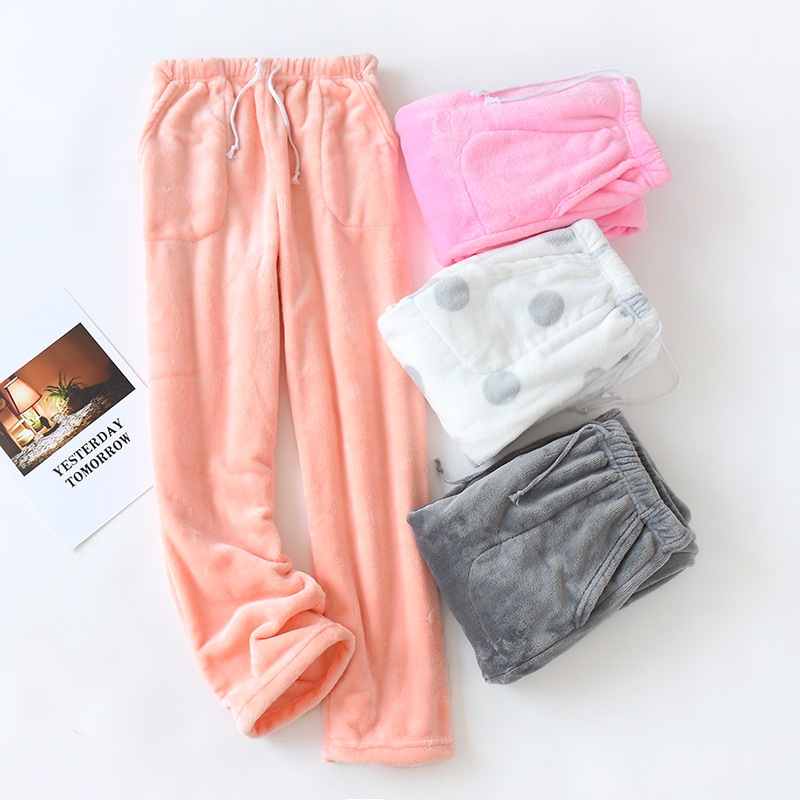 Thickened Flannel Pajama Pants Women's Autumn and Winter fleece-lined Home Loose plus size Straight Flat-top Flat-leg Coral Fleece Home Pants