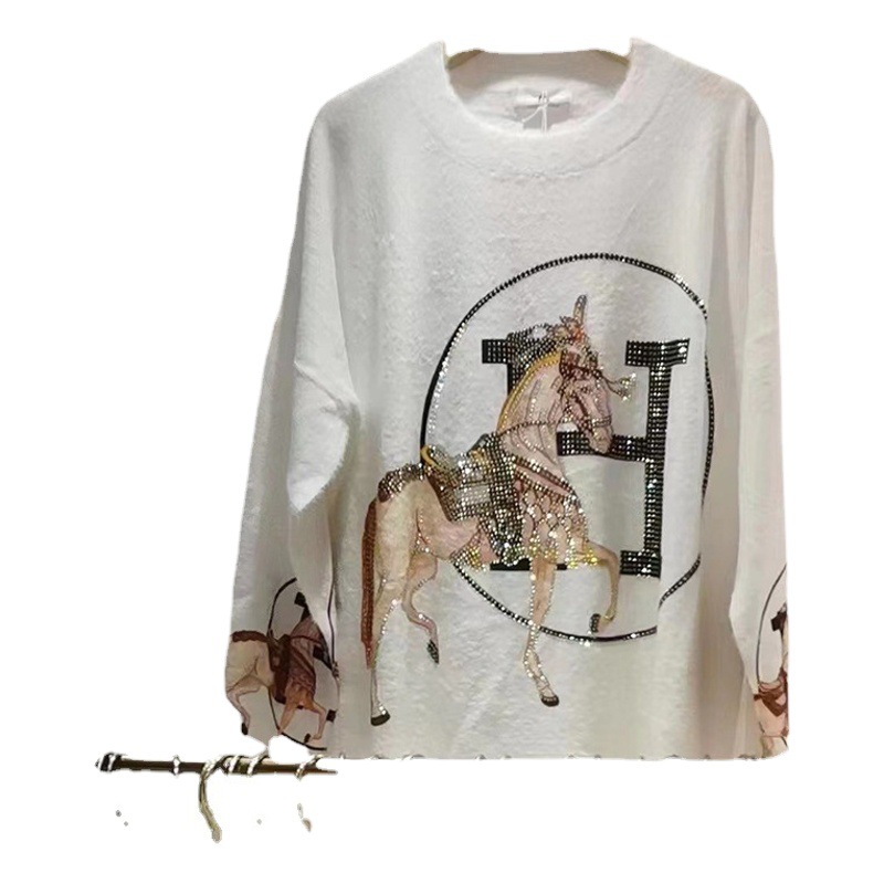 2023 Winter Vintage Printed Mink Velvet Sweater Women's Fashion Hot Drilling Hooded Sweater Loose Lazy Soft Waxy Top