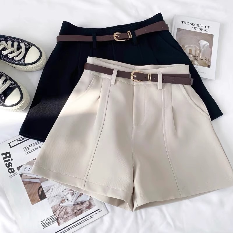 Shorts Women's 2025 Spring New Korean Style Ins Hong Kong Style Retro Simple Outer Wear High Waist A- Shed Wide Casual Leg Pants
