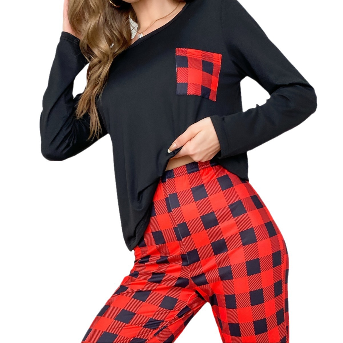 Picture of Cross-border Autumn and Winter Pajamas suit Foreign Trade Women's European and American Home Clothes Plaid Pocket Long Sleeve Top Pants Two-piece Set