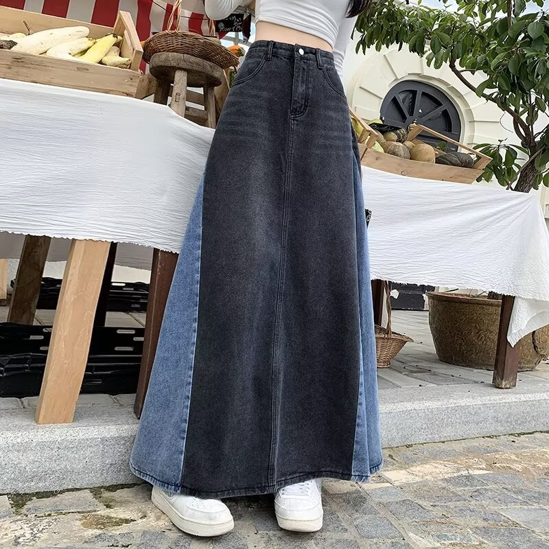 Real shot retro contrast color Denim skirt women's spring and autumn plus size chubby girl design color matching high waist slim long skirt