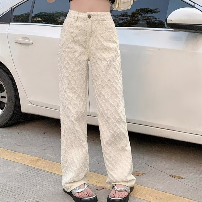 apricot Design Sense Fragrant Style Plaid Wide Leg Jeans Women's Autumn Loose Slimming Straight Casual Trendy Pants