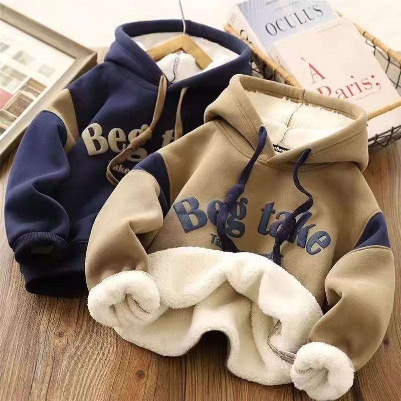 Boys' Winter Wear fleece-lined Thickened Hooded Sweat 2024 New Trendy Long-sleeved Top
