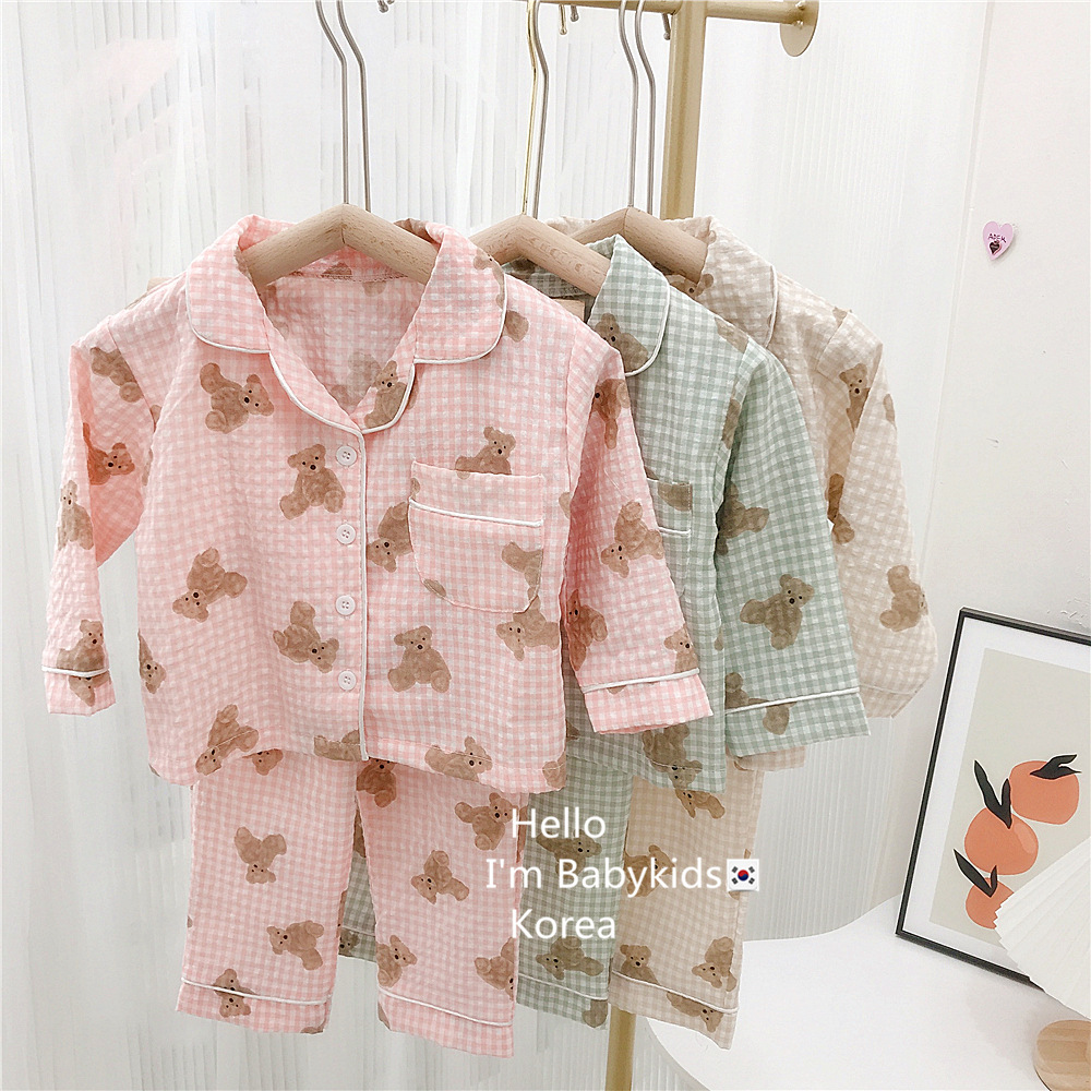 Girls' Plaid Home Clothes Set Bear Print Bubble Plaid Cotton Two-piece Autumn Pajamas Boys Children's Casual
