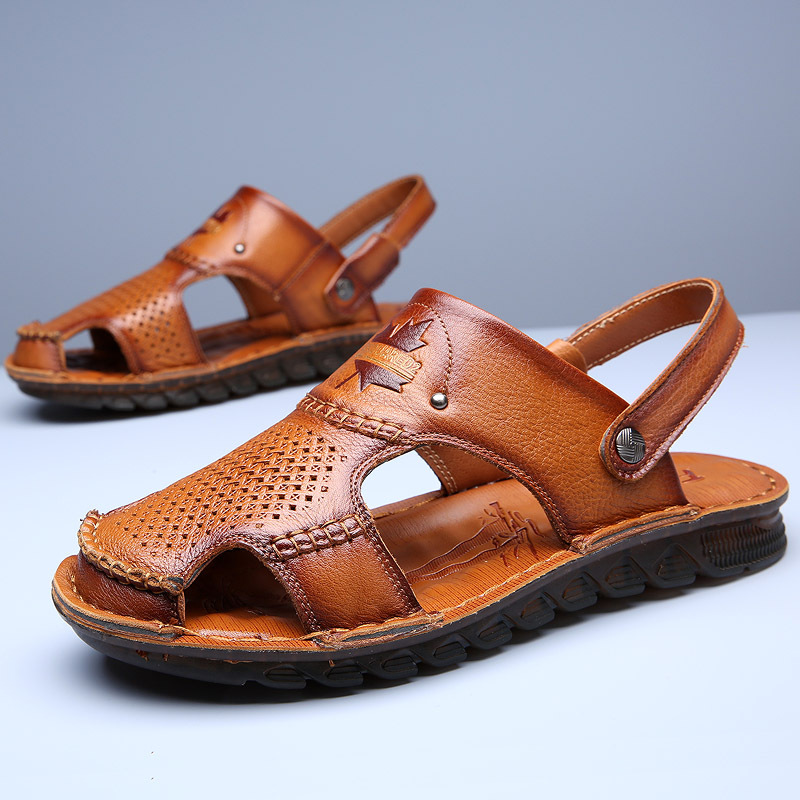 2025 New Summer Sandals Men's Outdoor Genuine Leather Casual Beach Shoes Men's Cowhide Tendon Bottom Outer Slippers