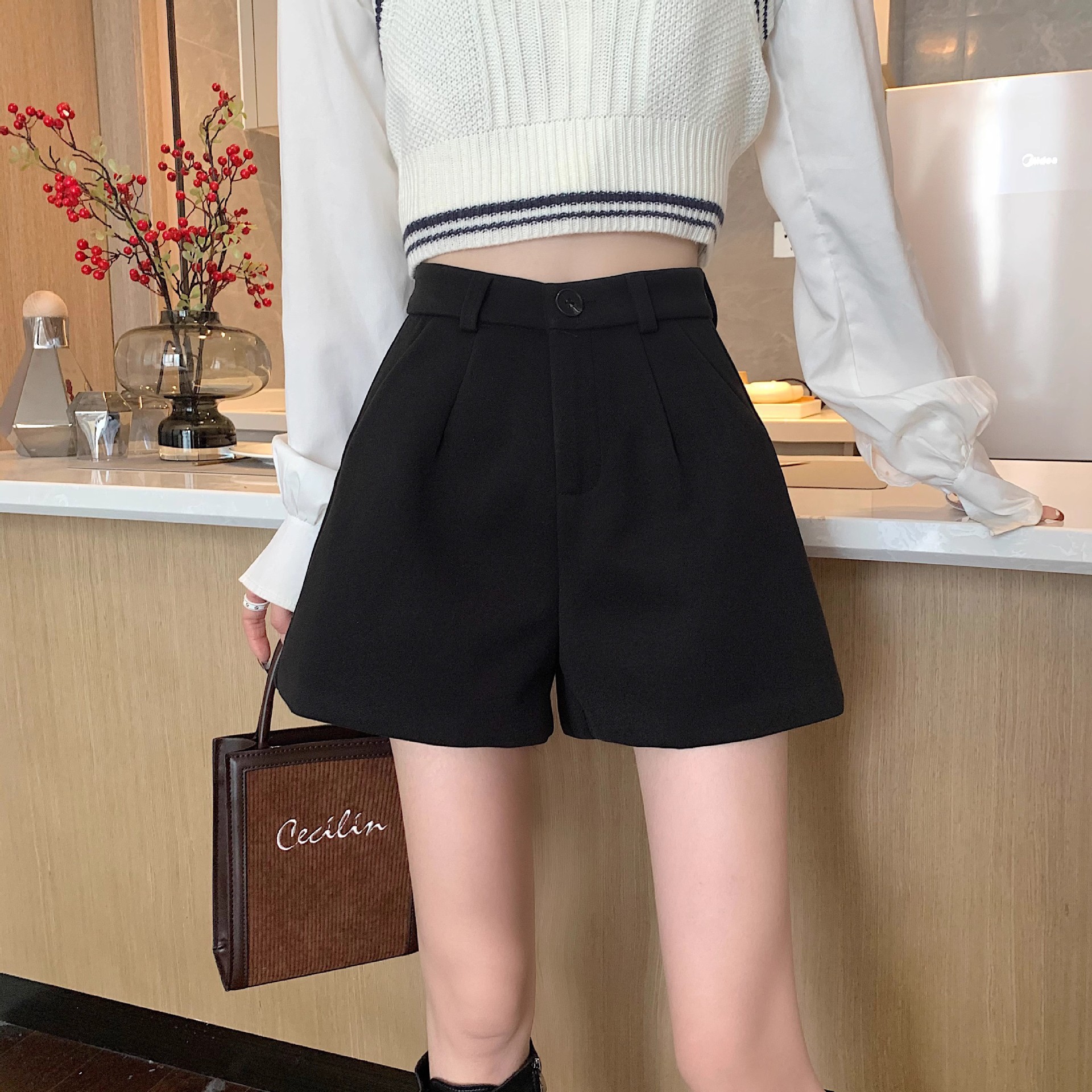 Black Shorts Women's 2023 Boots Pants Casual High Waist A- Shaped New Autumn and Winter Straight Leg Pants Wide Leg Pants Wool Slimming