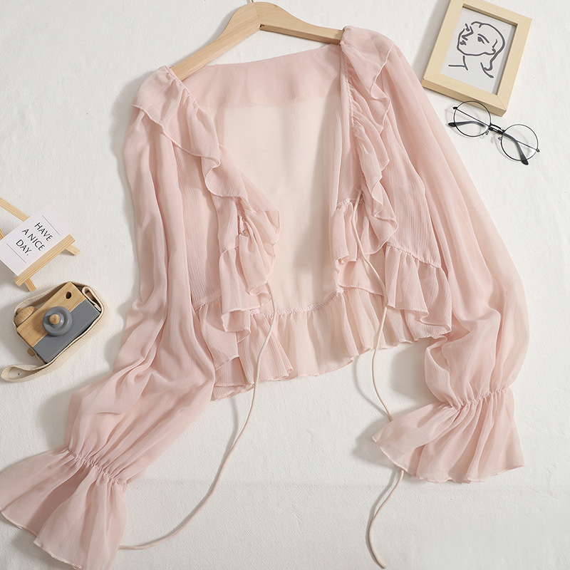 Picture of New Ruffled Chiffon Sun Protection Clothing Shawl Factory Autum with Suspender Skirt Blouse Bell Sleeve Cardigan Short Outwear
