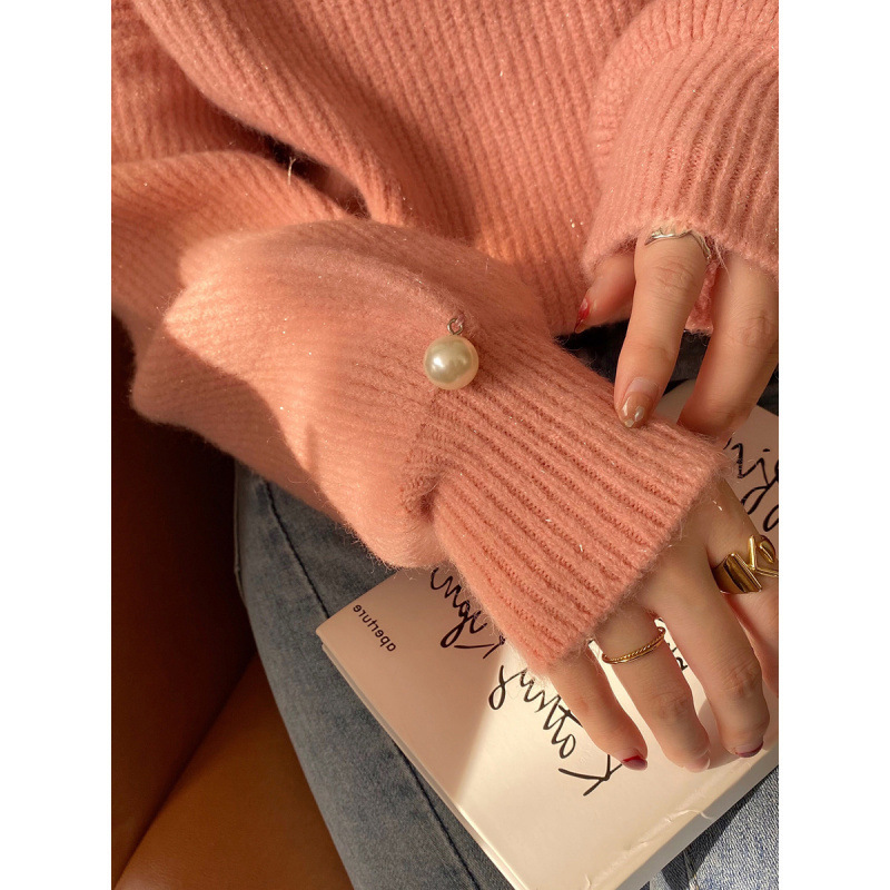Picture of Design Sense Niche Sweater Women's 2024 Autumn and Winter New Loose Korean Style V-neck Pink Hollow Sweater Top