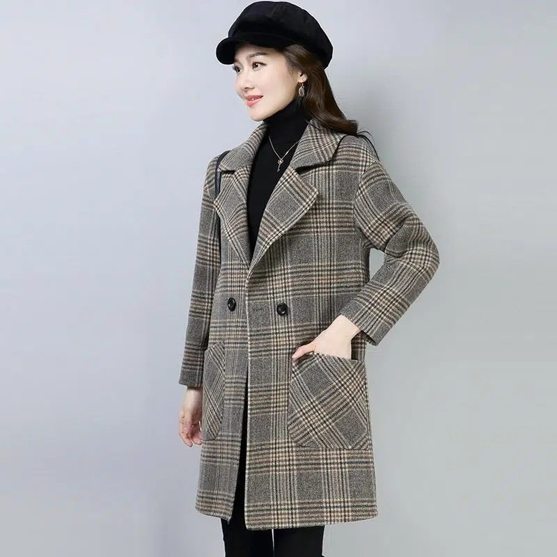 Picture of Dress Collar Plaid Woolen Coat Women's Autumn and Winter New Korean Style Loose Mid-length Coat Small Coat