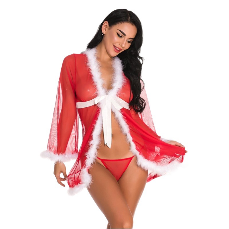 Christmas Home Clothes European and American Sexy Lingerie Christmas Uniform Cardigan Long Sleeve Nightgown Set Christmas