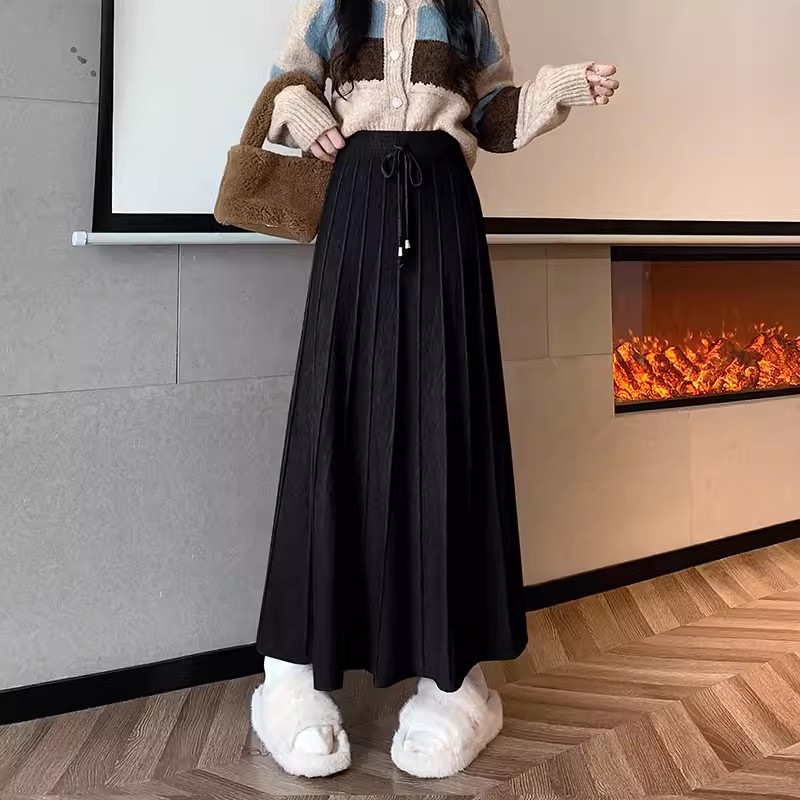 Gentle Style Knitted Skirt for Women A-Line Soft Waxy Wool Pleated Umbrella Skirt High Waist Covering the Crotch with Sweater Long Skirt Spring..