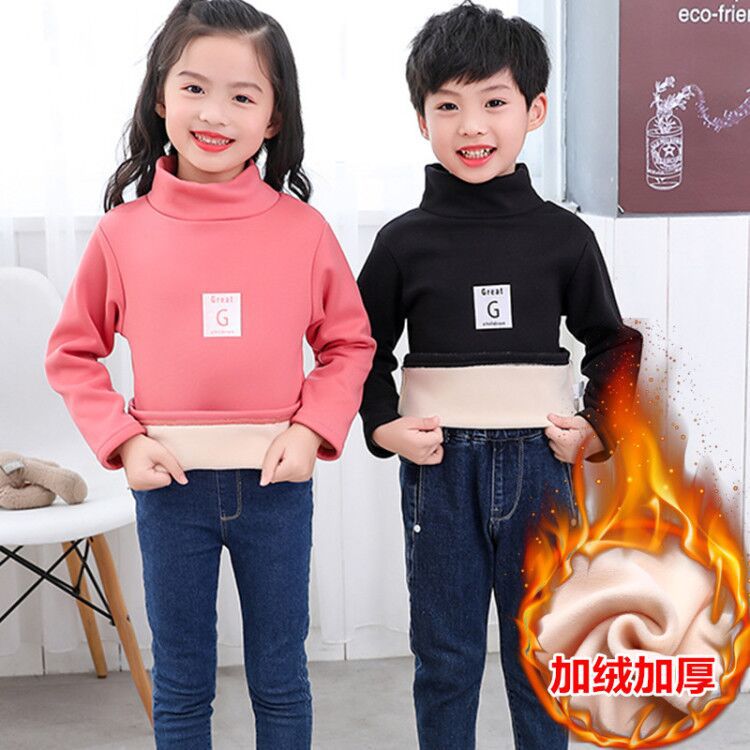 Picture of Children's Striped Fleece-Lined Thickened Base Shirt Turtleneck Top Middle Collar Single-Piece Half-High Collar Long-Sleeved T-Shirt for Boys and Girls