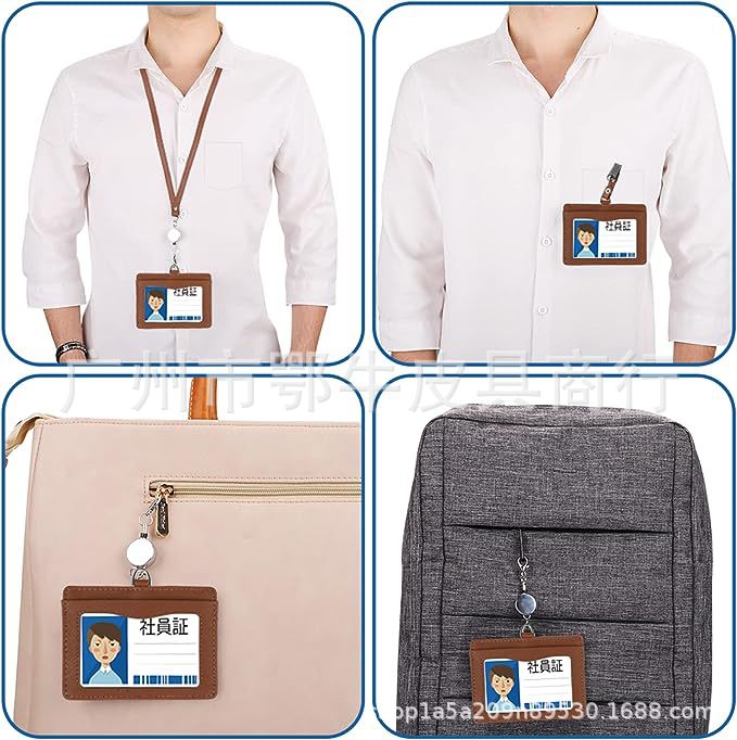 Picture of Cross-border Amazon cowhide litchi pattern work permit work card holder lanyard employee factory card genuine leather ID card