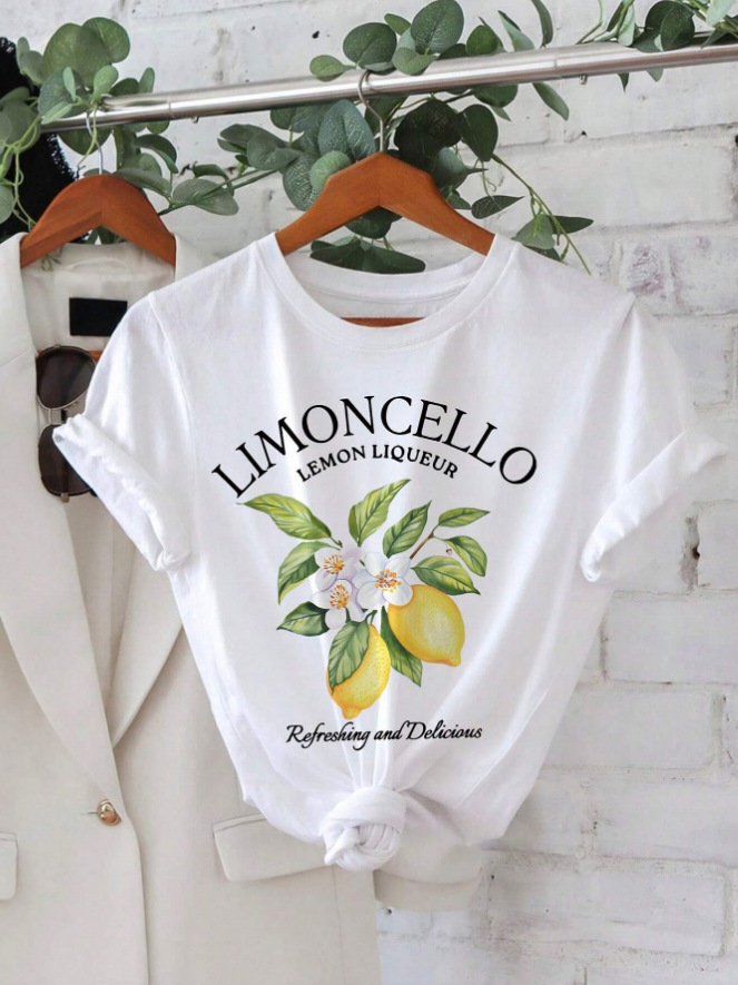 Casual, Fresh and Sweet Women's Casual Lemon Print Round Neck Short-Sleeved T-Shirt Pure Cotton Summer European and American Shein Hot Style